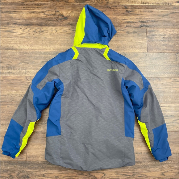 Spyder Leader Kids Ski Puffer Jacket - Gray, Blue, and Neon Yellow size 20 - Picture 2 of 14